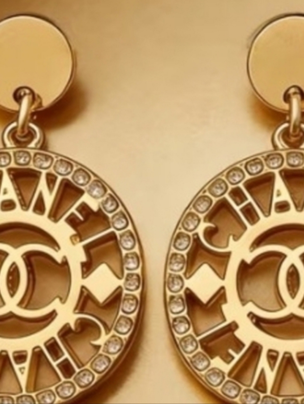 Gold Tone Rhinestone Accented CC Medallion Drop Earrings